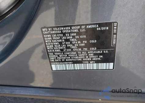 2018 Volkswagen Atlas 3.6L V6 Se from USA, damaged, VIN 1V2CR2CA9JC567387